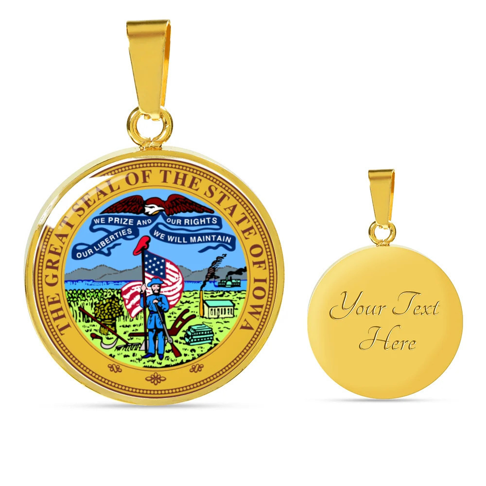 Iowa State Seal Personalized Engraved Gold Circle Necklace Custom Name Date Gif